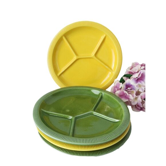 4 Vintage Fondue Plates Grill Plates Made In Italy Yellow Green - Picture 1 of 7
